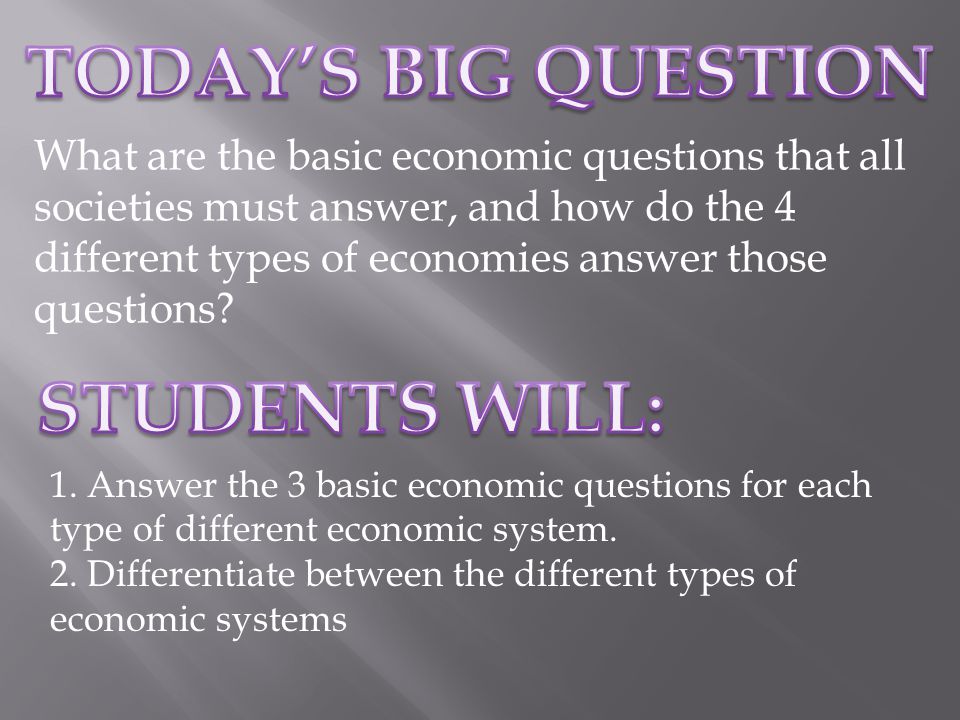 What are the basic economic questions that all societies must answer, and how do the 4 different types of economies answer those questions.
