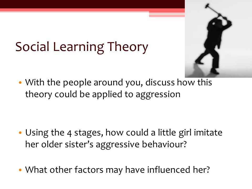 Social Learning Theory With the people around you, discuss how this theory could be applied to aggression Using the 4 stages, how could a little girl imitate her older sister’s aggressive behaviour.