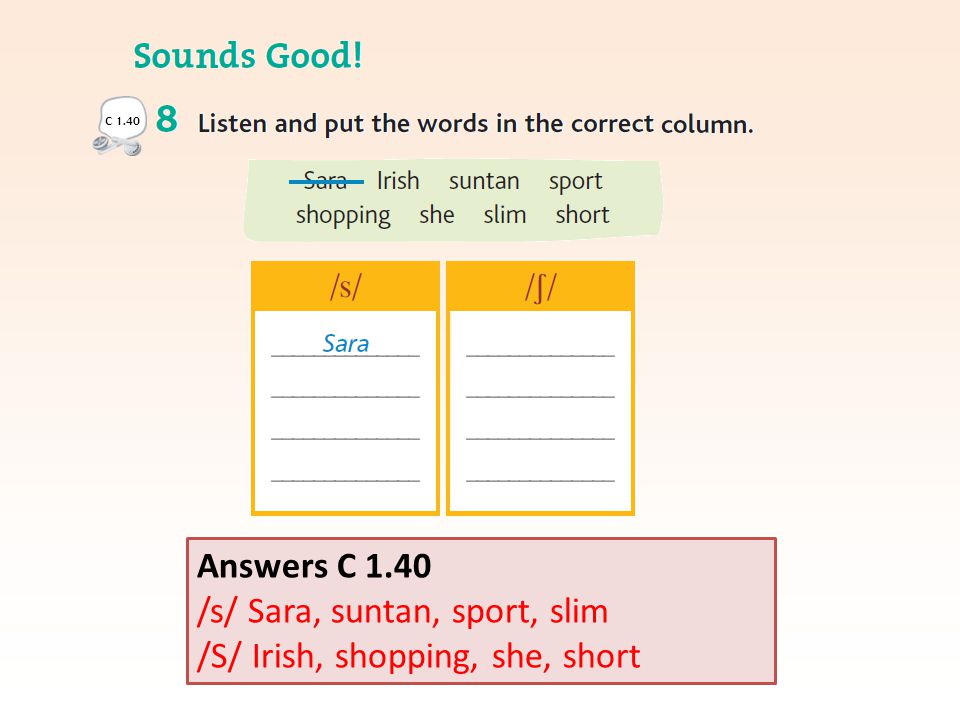 Answers C 1.40 /s/ Sara, suntan, sport, slim /S/ Irish, shopping, she, short C 1.40