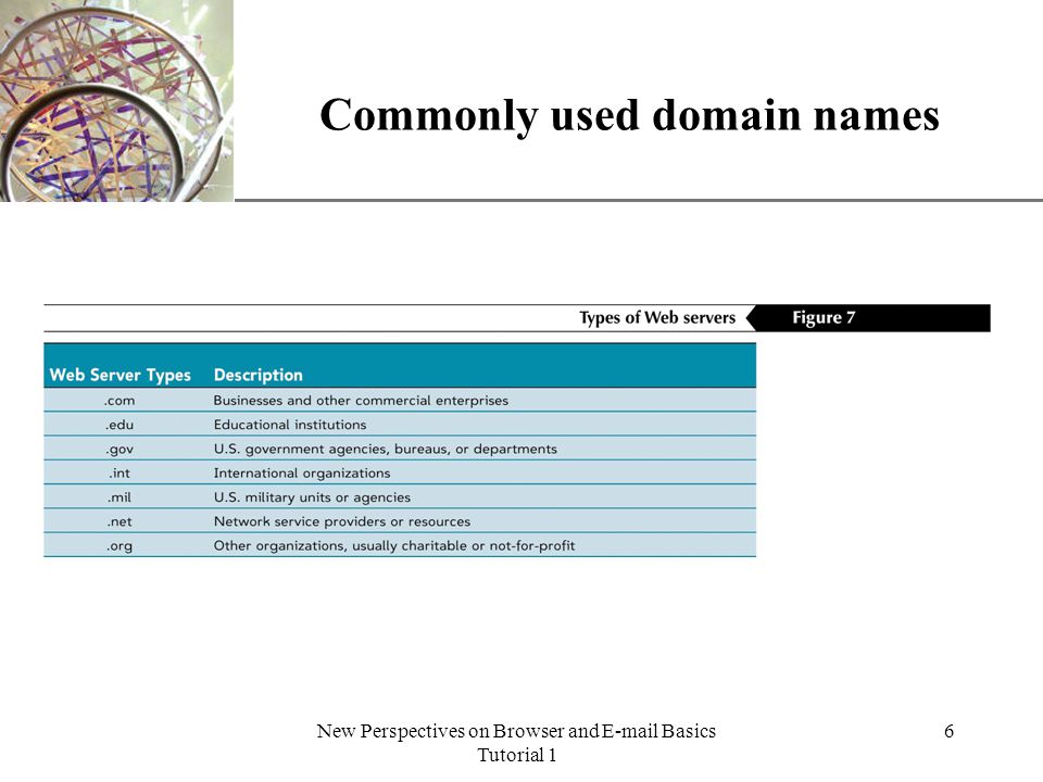 XP New Perspectives on Browser and  Basics Tutorial 1 6 Commonly used domain names