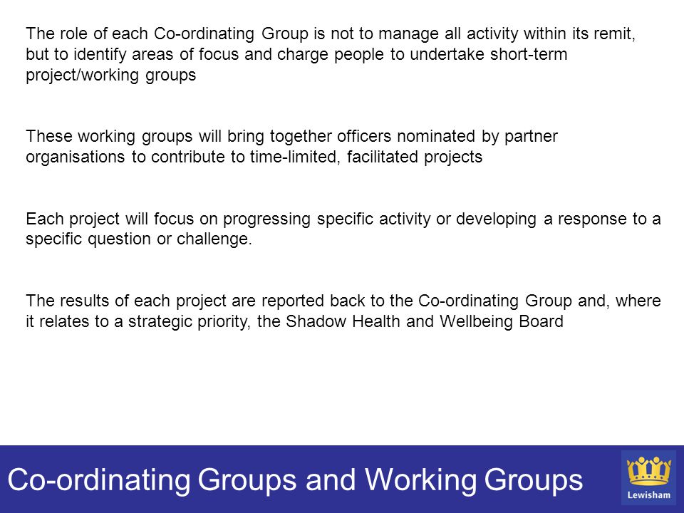 Co-ordinating Groups and Working Groups The role of each Co-ordinating Group is not to manage all activity within its remit, but to identify areas of focus and charge people to undertake short-term project/working groups These working groups will bring together officers nominated by partner organisations to contribute to time-limited, facilitated projects Each project will focus on progressing specific activity or developing a response to a specific question or challenge.
