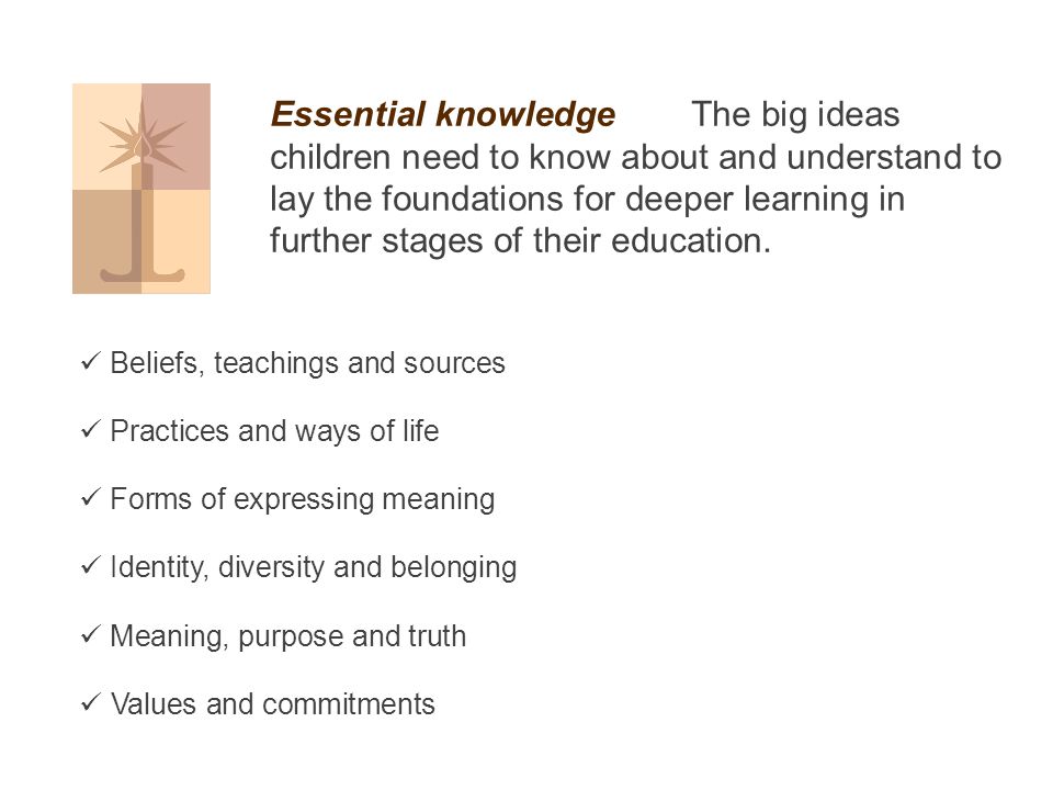 Essential knowledge The big ideas children need to know about and understand to lay the foundations for deeper learning in further stages of their education.