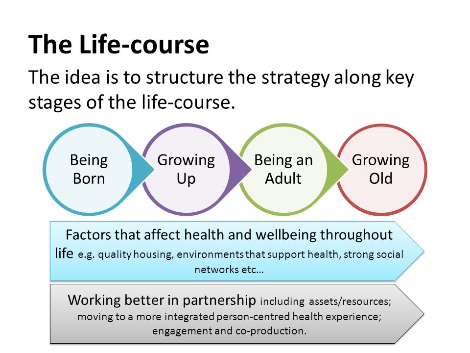 Growing Old Being an Adult Growing Up Being Born The Life-course The idea is to structure the strategy along key stages of the life-course.
