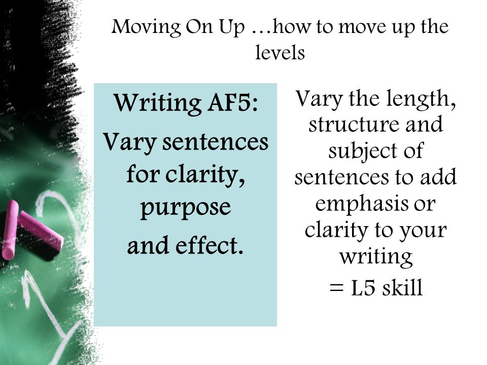 Moving On Up …how to move up the levels Writing AF5: Vary sentences for clarity, purpose and effect.