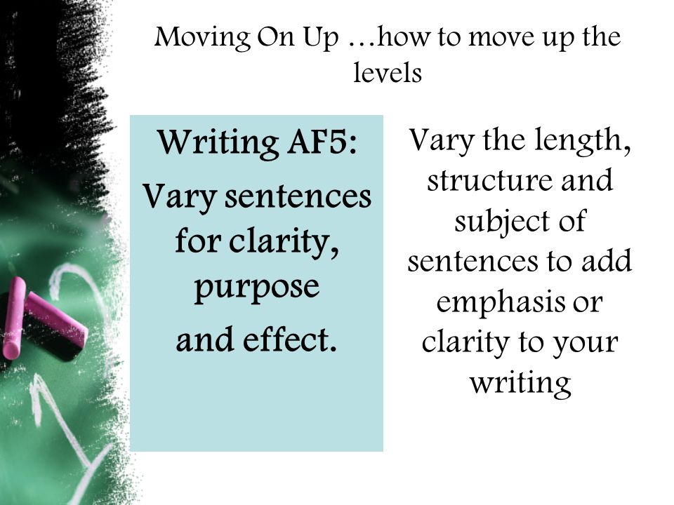 Moving On Up …how to move up the levels Writing AF5: Vary sentences for clarity, purpose and effect.