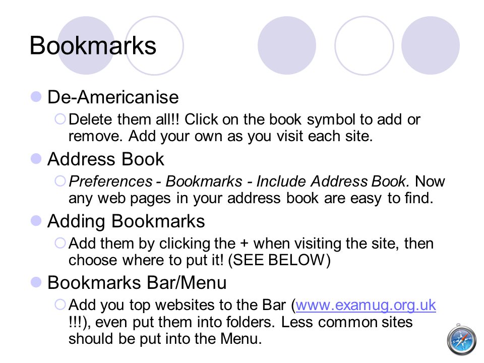 Bookmarks De-Americanise  Delete them all!. Click on the book symbol to add or remove.