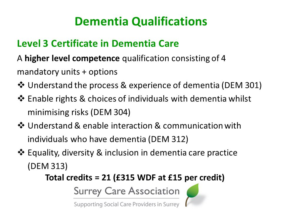 Dementia Qualifications Level 3 Certificate in Dementia Care A higher level competence qualification consisting of 4 mandatory units + options  Understand the process & experience of dementia (DEM 301)  Enable rights & choices of individuals with dementia whilst minimising risks (DEM 304)  Understand & enable interaction & communication with individuals who have dementia (DEM 312)  Equality, diversity & inclusion in dementia care practice (DEM 313) Total credits = 21 (£315 WDF at £15 per credit)