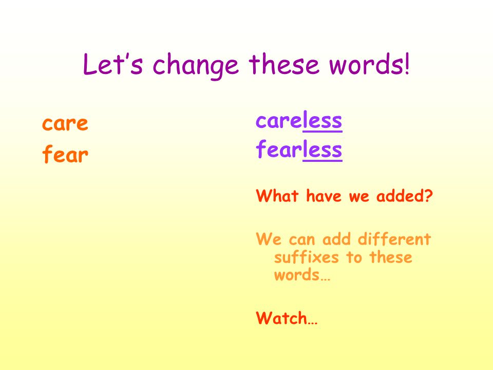 Suffixes (Words ending in ly, ful, less) Let's look at some words with  these endings! - ppt download