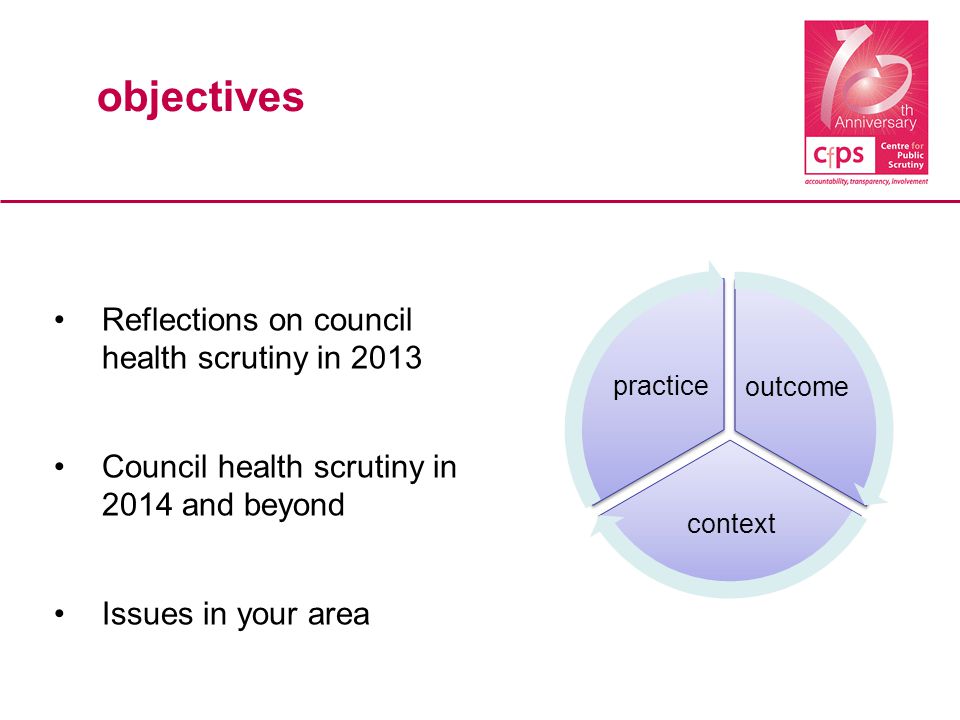 outcome context practice objectives Reflections on council health scrutiny in 2013 Council health scrutiny in 2014 and beyond Issues in your area