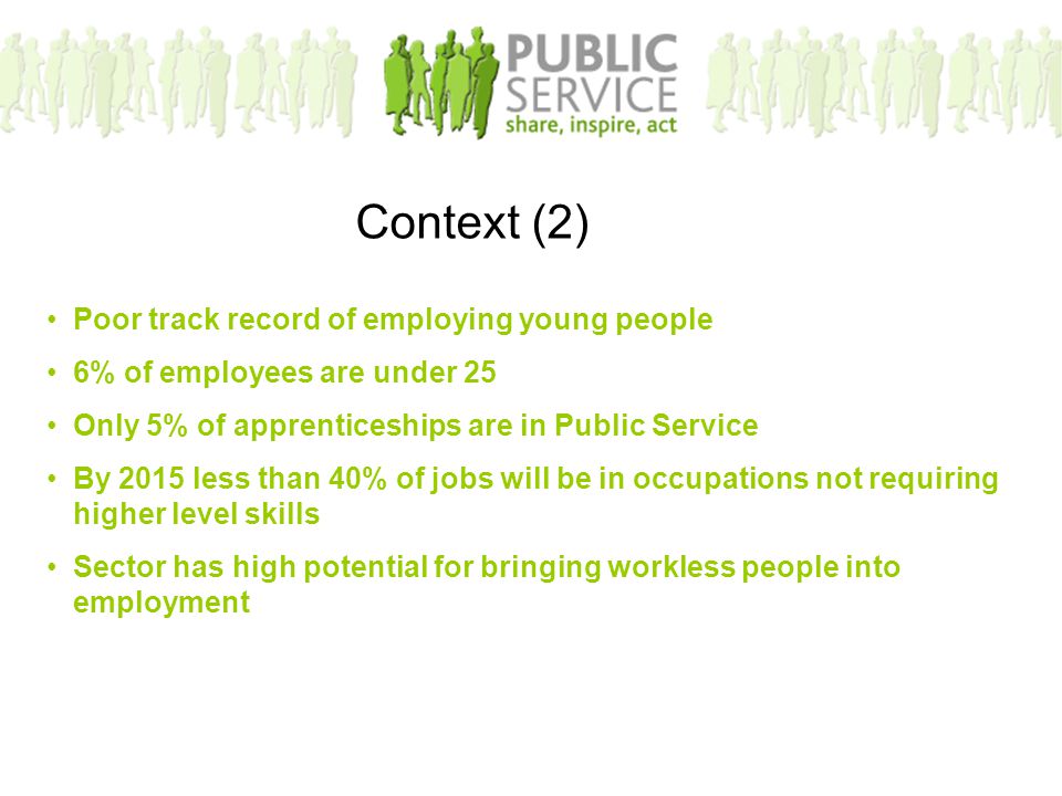 Poor track record of employing young people 6% of employees are under 25 Only 5% of apprenticeships are in Public Service By 2015 less than 40% of jobs will be in occupations not requiring higher level skills Sector has high potential for bringing workless people into employment Context (2)