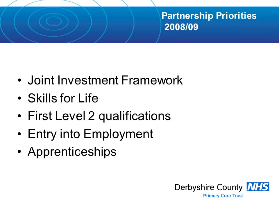 Joint Investment Framework Skills for Life First Level 2 qualifications Entry into Employment Apprenticeships Partnership Priorities 2008/09