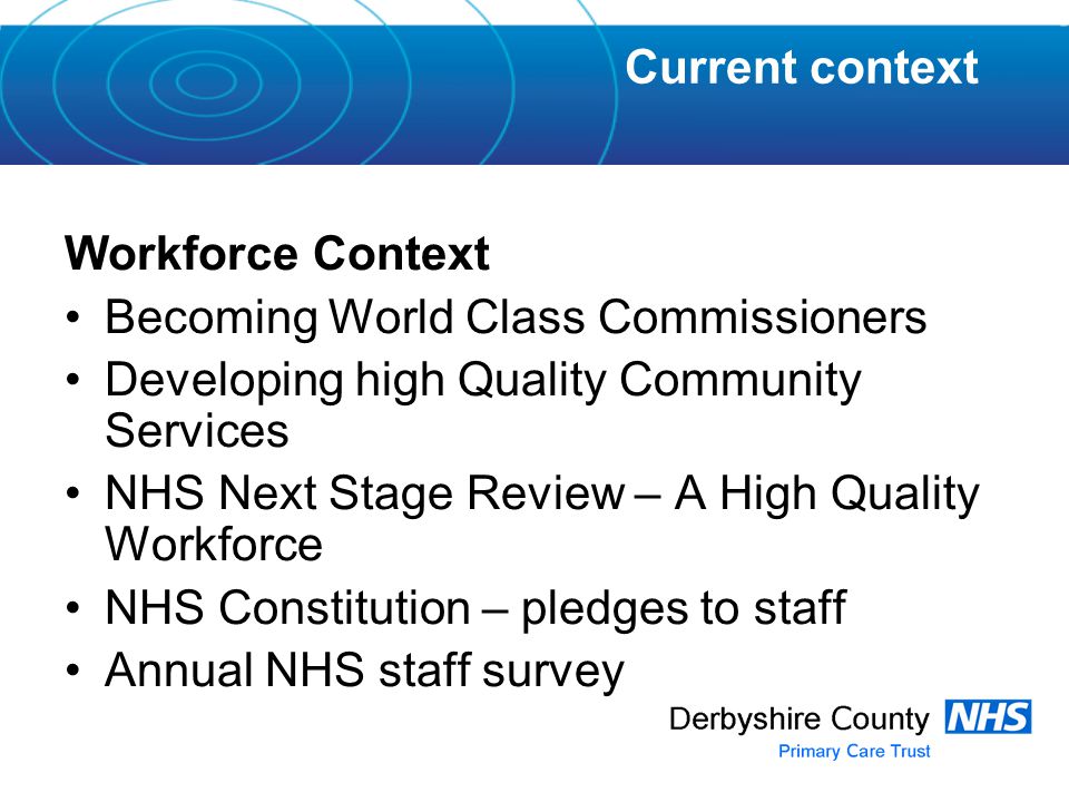Workforce Context Becoming World Class Commissioners Developing high Quality Community Services NHS Next Stage Review – A High Quality Workforce NHS Constitution – pledges to staff Annual NHS staff survey Current context