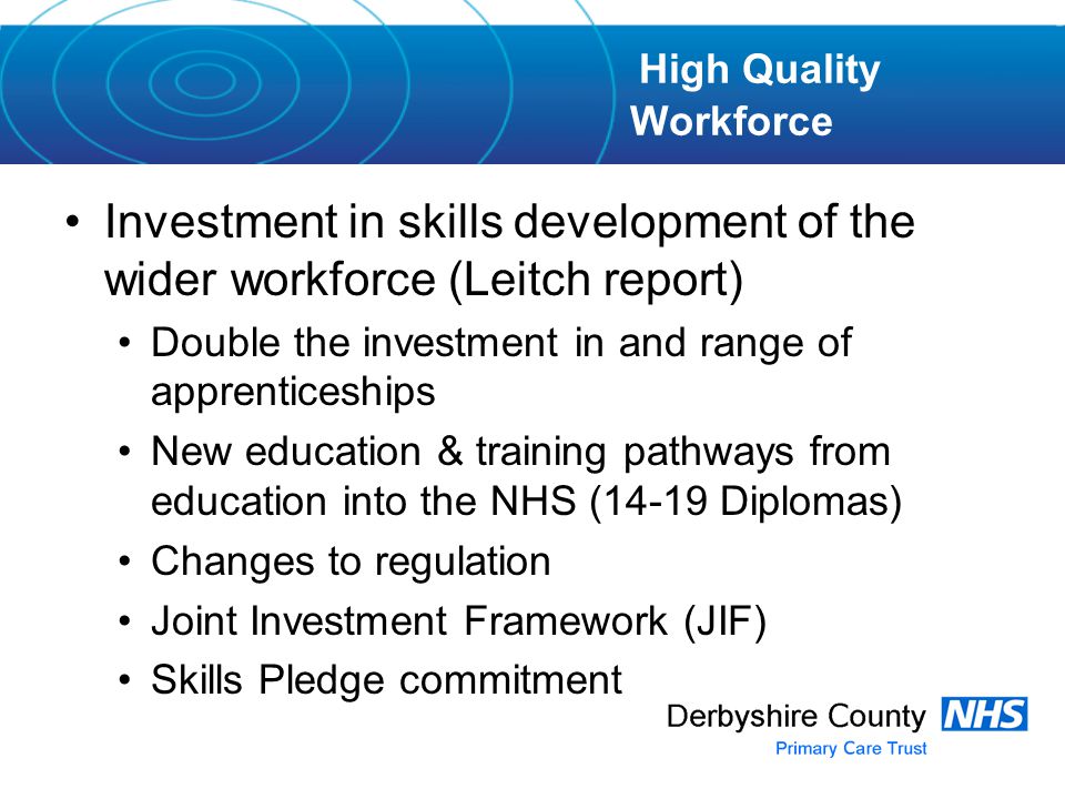 Investment in skills development of the wider workforce (Leitch report) Double the investment in and range of apprenticeships New education & training pathways from education into the NHS (14-19 Diplomas) Changes to regulation Joint Investment Framework (JIF) Skills Pledge commitment High Quality Workforce
