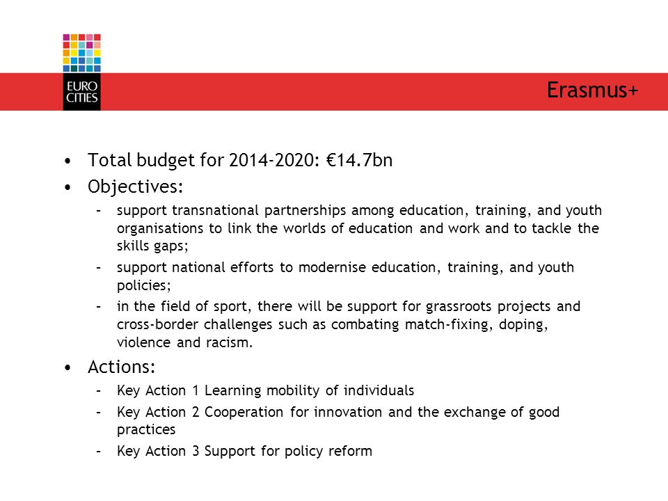Erasmus+ Total budget for : €14.7bn Objectives: –support transnational partnerships among education, training, and youth organisations to link the worlds of education and work and to tackle the skills gaps; –support national efforts to modernise education, training, and youth policies; –in the field of sport, there will be support for grassroots projects and cross-border challenges such as combating match-fixing, doping, violence and racism.