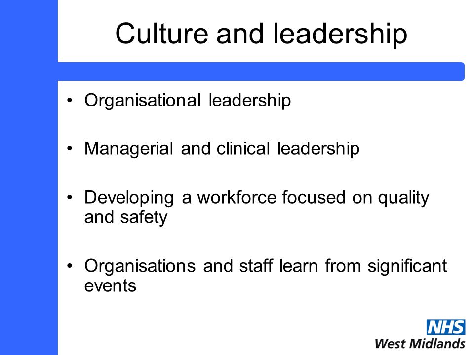 Culture and leadership Organisational leadership Managerial and clinical leadership Developing a workforce focused on quality and safety Organisations and staff learn from significant events