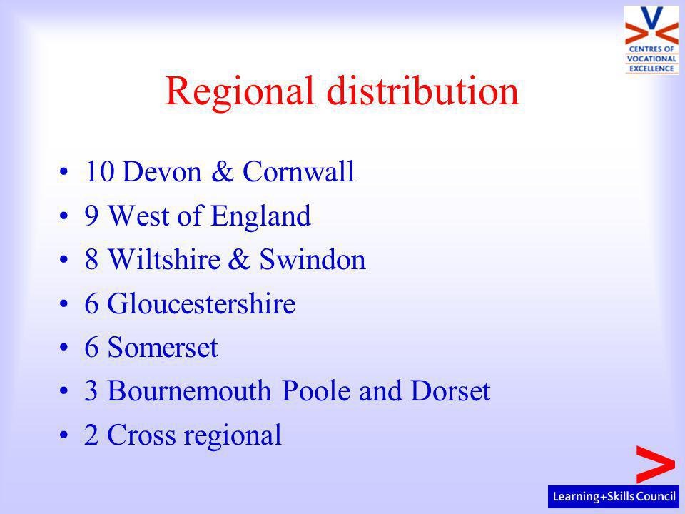 Regional distribution 10 Devon & Cornwall 9 West of England 8 Wiltshire & Swindon 6 Gloucestershire 6 Somerset 3 Bournemouth Poole and Dorset 2 Cross regional