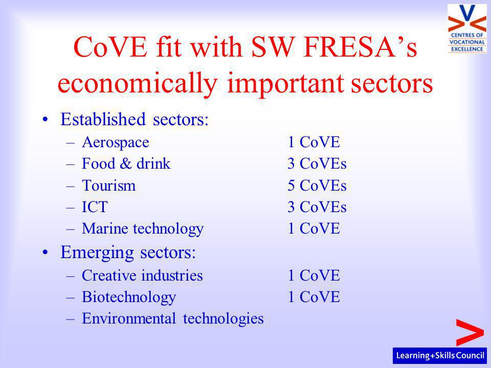 CoVE fit with SW FRESA’s economically important sectors Established sectors: –Aerospace1 CoVE –Food & drink3 CoVEs –Tourism5 CoVEs –ICT 3 CoVEs –Marine technology1 CoVE Emerging sectors: –Creative industries1 CoVE –Biotechnology 1 CoVE –Environmental technologies