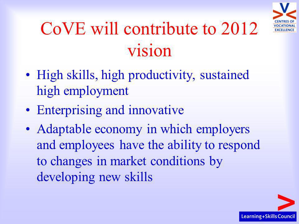 CoVE will contribute to 2012 vision High skills, high productivity, sustained high employment Enterprising and innovative Adaptable economy in which employers and employees have the ability to respond to changes in market conditions by developing new skills