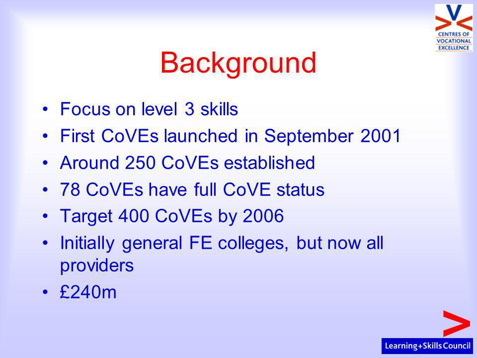 Background Focus on level 3 skills First CoVEs launched in September 2001 Around 250 CoVEs established 78 CoVEs have full CoVE status Target 400 CoVEs by 2006 Initially general FE colleges, but now all providers £240m