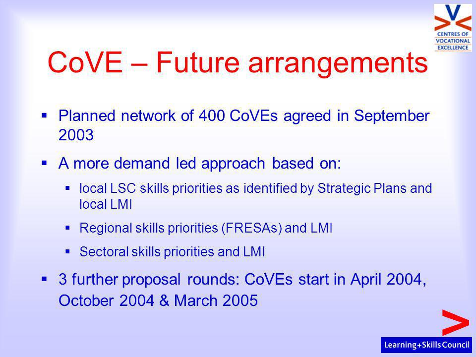CoVE – Future arrangements  Planned network of 400 CoVEs agreed in September 2003  A more demand led approach based on:  local LSC skills priorities as identified by Strategic Plans and local LMI  Regional skills priorities (FRESAs) and LMI  Sectoral skills priorities and LMI  3 further proposal rounds: CoVEs start in April 2004, October 2004 & March 2005