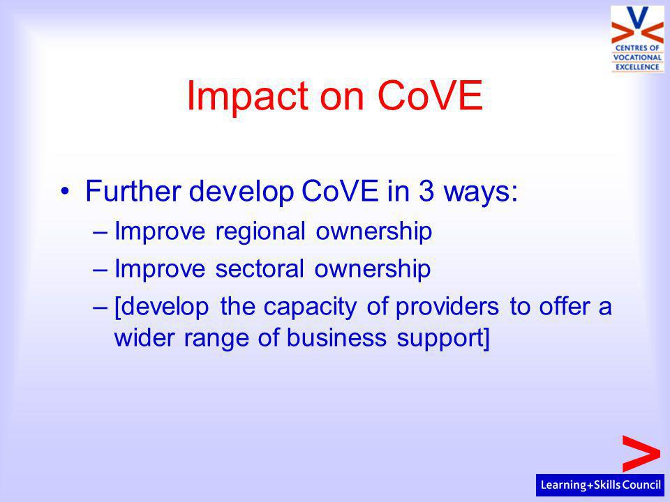 Impact on CoVE Further develop CoVE in 3 ways: –Improve regional ownership –Improve sectoral ownership –[develop the capacity of providers to offer a wider range of business support]