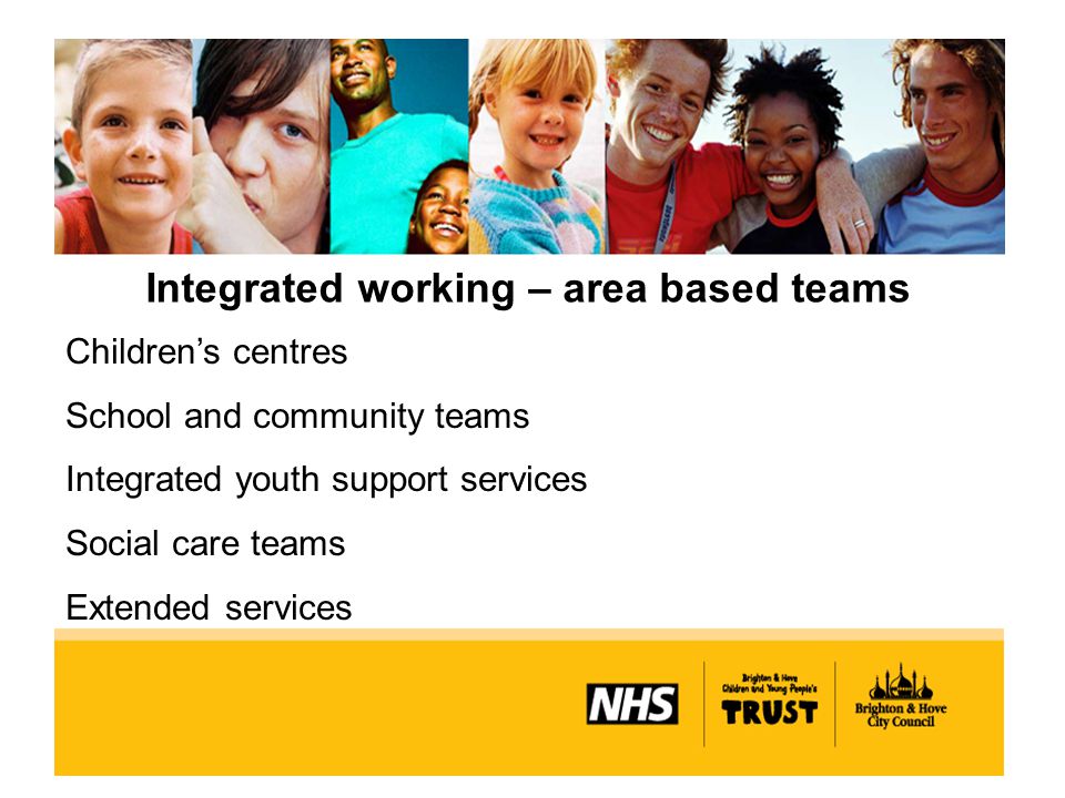 Integrated working – area based teams Children’s centres School and community teams Integrated youth support services Social care teams Extended services