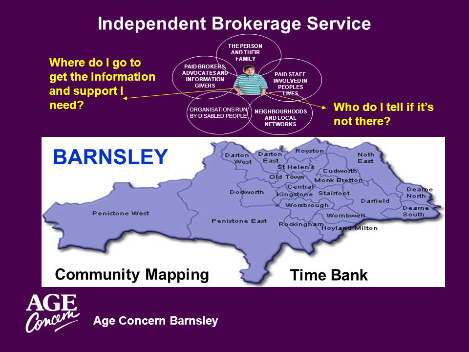 Age Concern Barnsley Independent Brokerage Service Community Mapping Time Bank BARNSLEY THE PERSON AND THEIR FAMILY PAID BROKERS, ADVOCATES AND INFORMATION GIVERS PAID STAFF INVOLVED IN PEOPLES LIVES ORGANISATIONS RUN BY DISABLED PEOPLE NEIGHBOURHOODS AND LOCAL NETWORKS Where do I go to get the information and support I need.