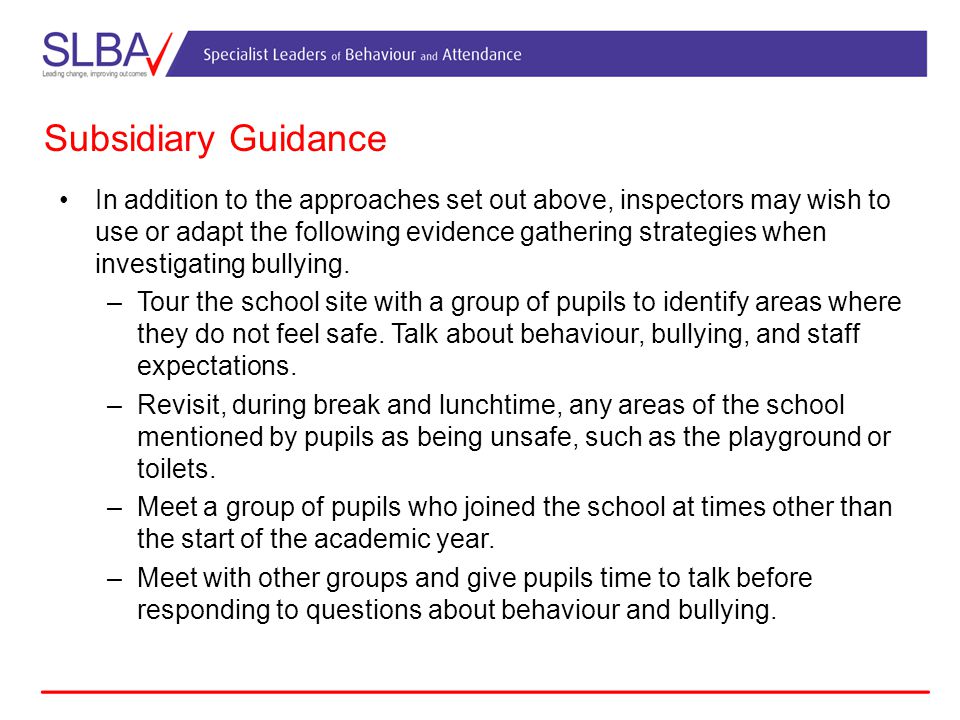 Subsidiary Guidance In addition to the approaches set out above, inspectors may wish to use or adapt the following evidence gathering strategies when investigating bullying.