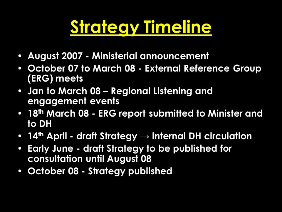 Add date of event here CSIP Region logo here Strategy Timeline August Ministerial announcement October 07 to March 08 - External Reference Group (ERG) meets Jan to March 08 – Regional Listening and engagement events 18 th March 08 - ERG report submitted to Minister and to DH 14 th April - draft Strategy → internal DH circulation Early June - draft Strategy to be published for consultation until August 08 October 08 - Strategy published