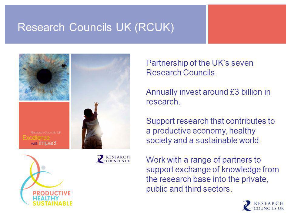 Research Councils UK (RCUK) Partnership of the UK’s seven Research Councils.
