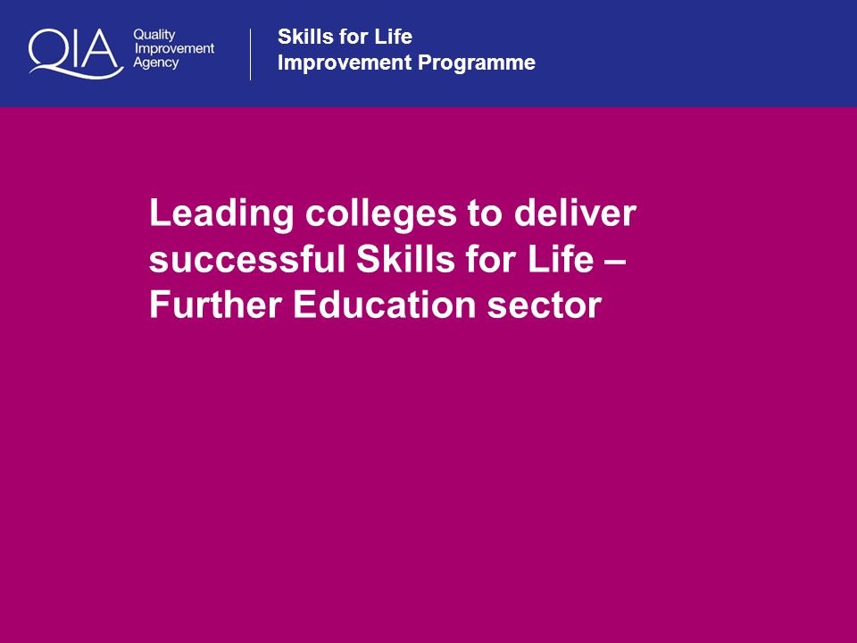 Skills for Life Improvement Programme Leading colleges to deliver successful Skills for Life – Further Education sector