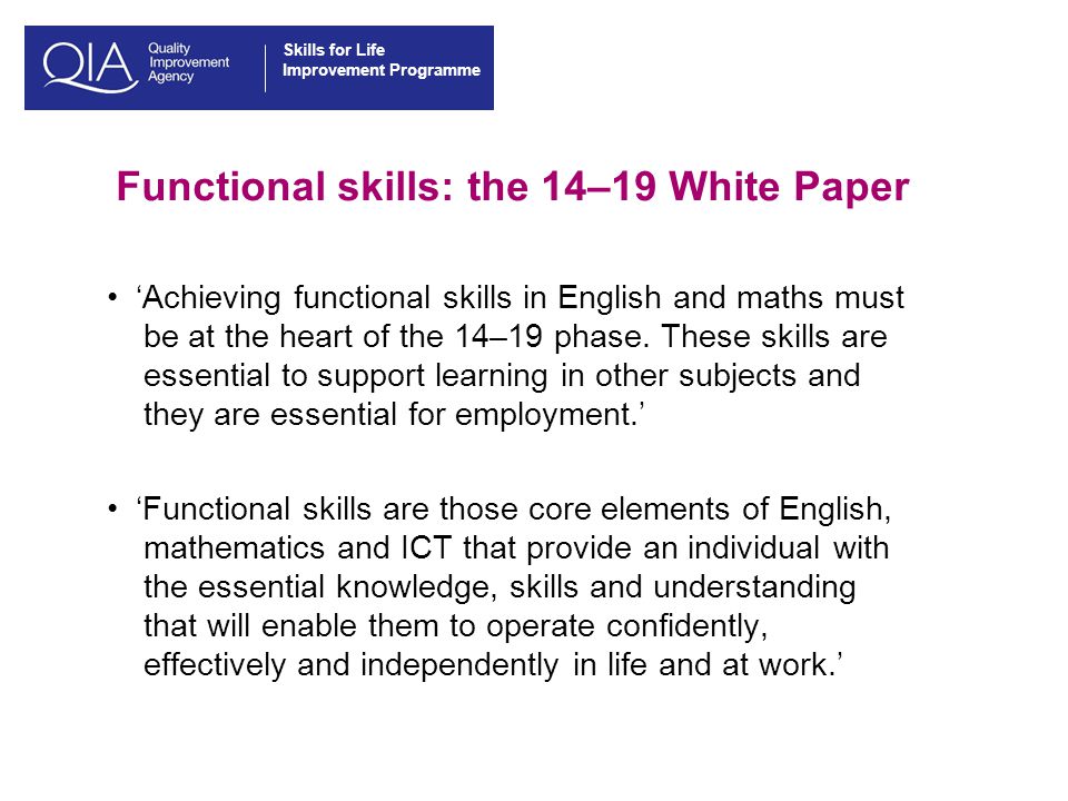 Skills for Life Improvement Programme Functional skills: the 14–19 White Paper ‘Achieving functional skills in English and maths must be at the heart of the 14–19 phase.