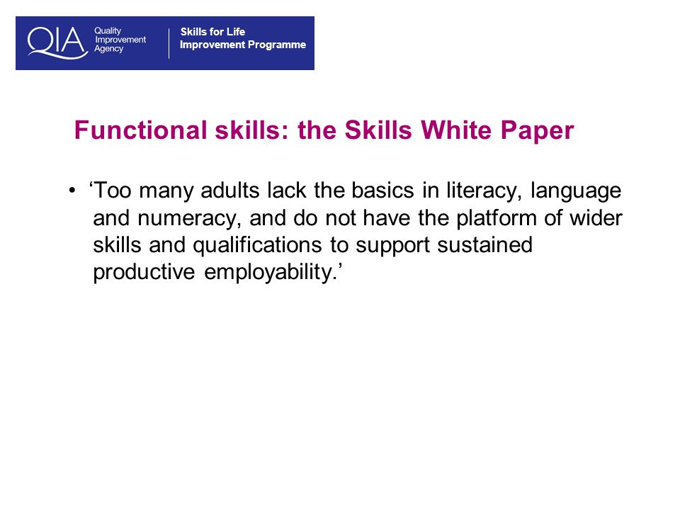 Skills for Life Improvement Programme Functional skills: the Skills White Paper ‘Too many adults lack the basics in literacy, language and numeracy, and do not have the platform of wider skills and qualifications to support sustained productive employability.’