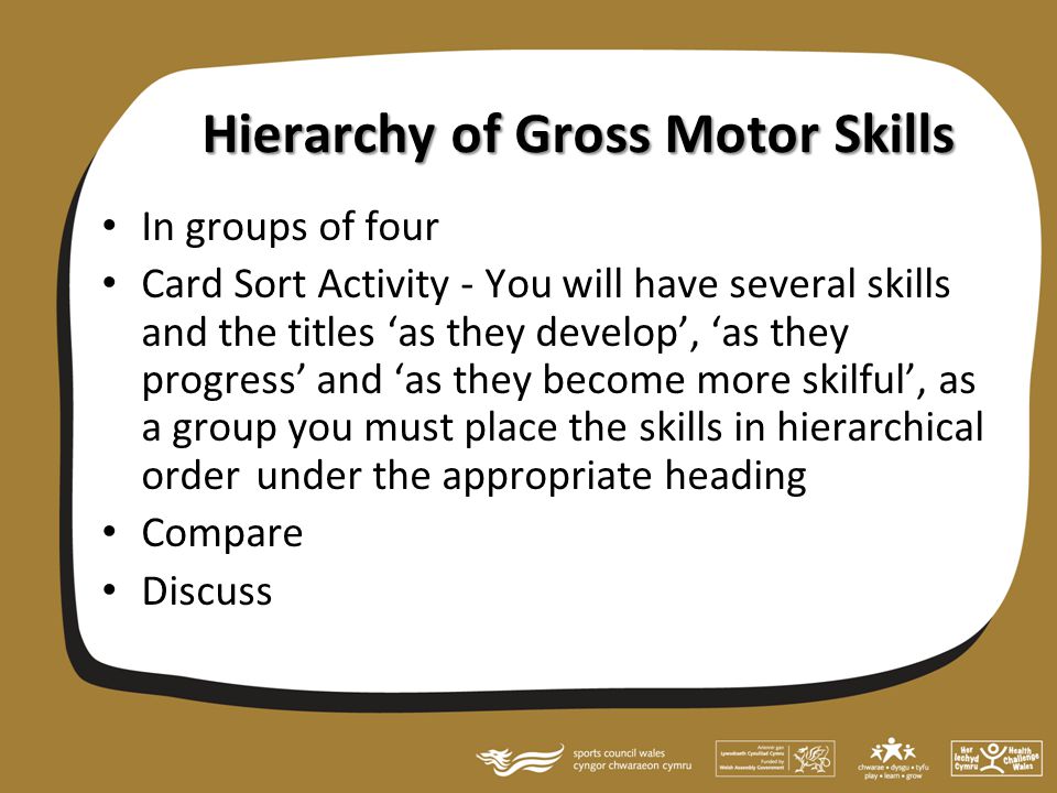 Hierarchy of Gross Motor Skills In groups of four Card Sort Activity - You will have several skills and the titles ‘as they develop’, ‘as they progress’ and ‘as they become more skilful’, as a group you must place the skills in hierarchical order under the appropriate heading Compare Discuss