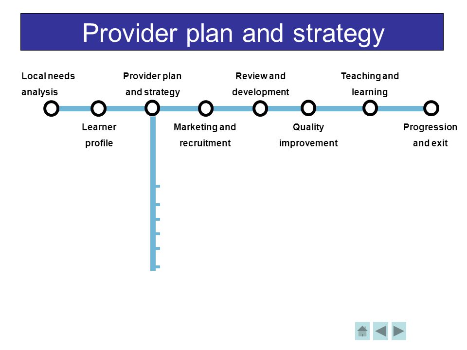 Provider plan and strategy Local needs analysis Learner profile Provider plan and strategy Review and development Teaching and learning Progression and exit Marketing and recruitment Quality improvement