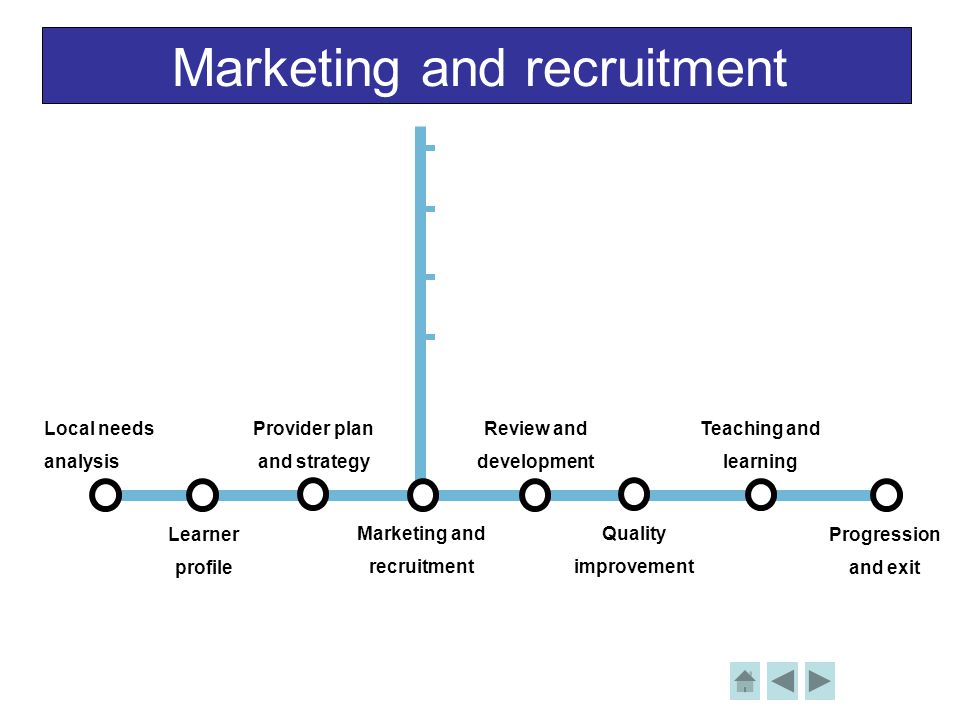 Marketing and recruitment Local needs analysis Learner profile Provider plan and strategy Review and development Teaching and learning Progression and exit Marketing and recruitment Quality improvement