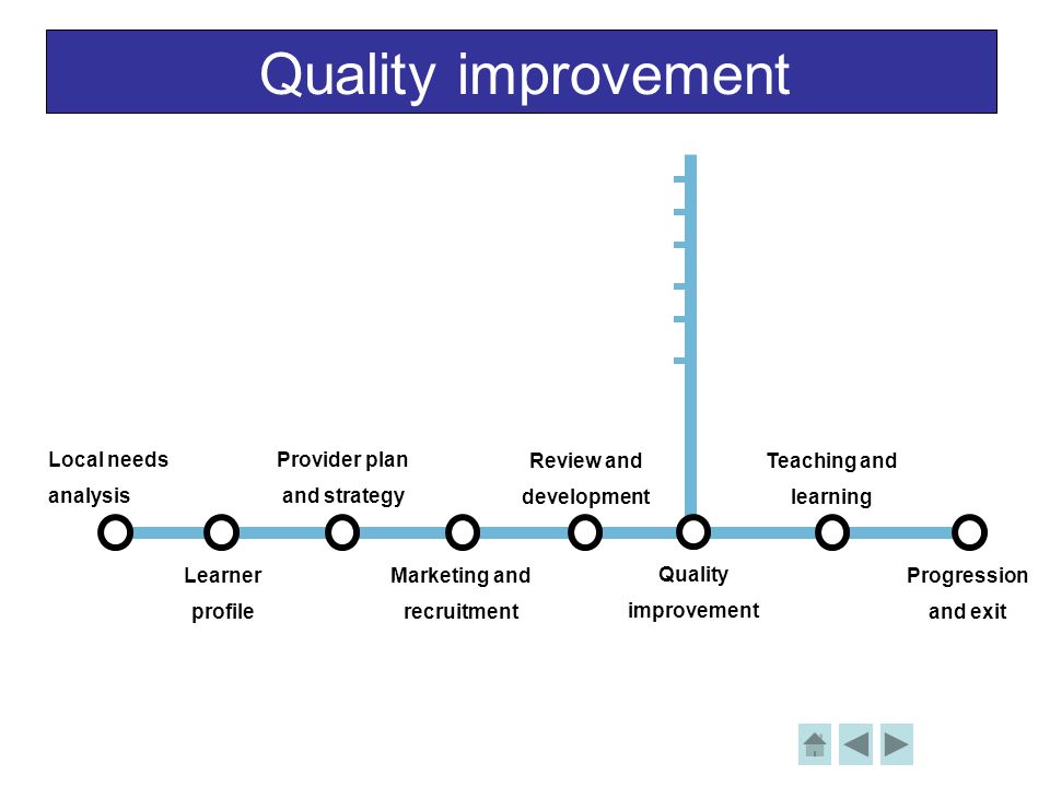 Quality improvement Local needs analysis Learner profile Provider plan and strategy Review and development Teaching and learning Progression and exit Marketing and recruitment Quality improvement