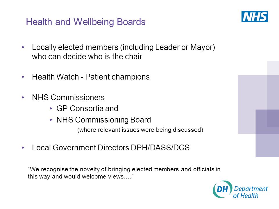 Health and Wellbeing Boards Locally elected members (including Leader or Mayor) who can decide who is the chair Health Watch - Patient champions NHS Commissioners GP Consortia and NHS Commissioning Board (where relevant issues were being discussed) Local Government Directors DPH/DASS/DCS We recognise the novelty of bringing elected members and officials in this way and would welcome views….