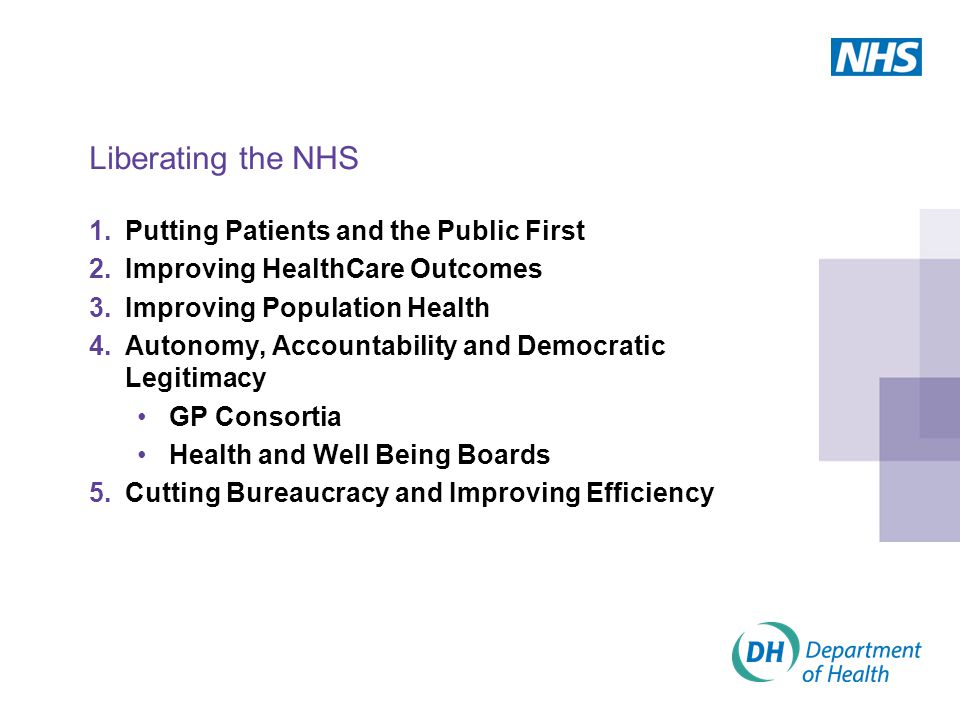 Liberating the NHS 1.Putting Patients and the Public First 2.Improving HealthCare Outcomes 3.Improving Population Health 4.Autonomy, Accountability and Democratic Legitimacy GP Consortia Health and Well Being Boards 5.Cutting Bureaucracy and Improving Efficiency