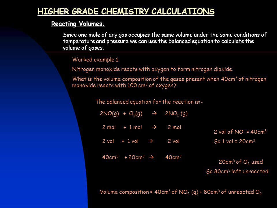 HIGHER GRADE CHEMISTRY CALCULATIONS Reacting Volumes.