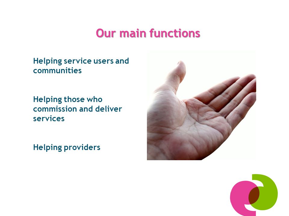Our main functions Helping service users and communities Helping those who commission and deliver services Helping providers