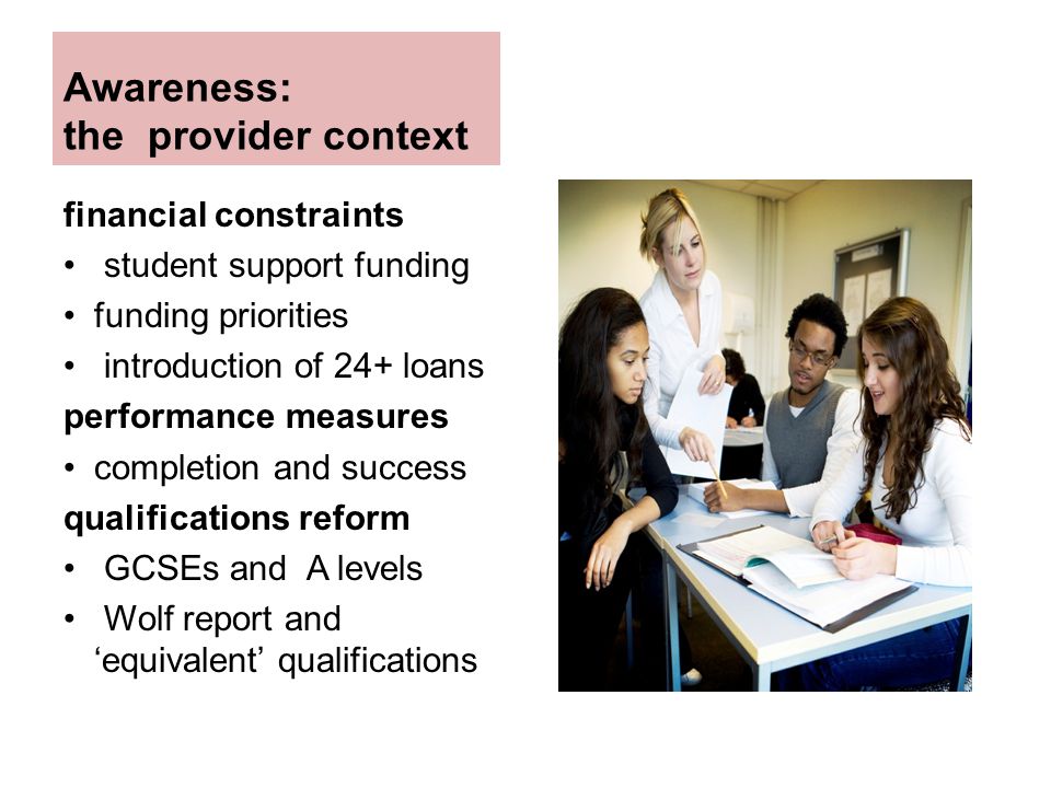 Awareness: the provider context financial constraints student support funding funding priorities introduction of 24+ loans performance measures completion and success qualifications reform GCSEs and A levels Wolf report and ‘equivalent’ qualifications
