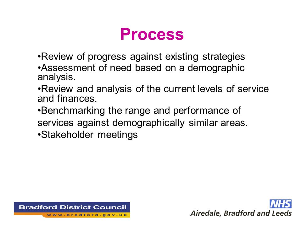Process Review of progress against existing strategies Assessment of need based on a demographic analysis.