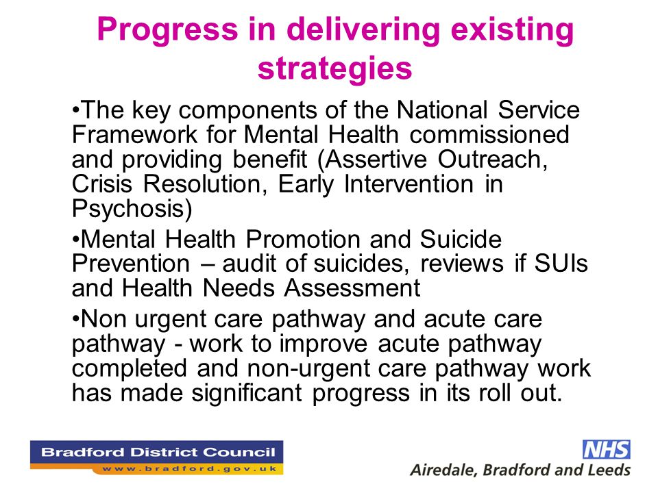 Progress in delivering existing strategies The key components of the National Service Framework for Mental Health commissioned and providing benefit (Assertive Outreach, Crisis Resolution, Early Intervention in Psychosis) Mental Health Promotion and Suicide Prevention – audit of suicides, reviews if SUIs and Health Needs Assessment Non urgent care pathway and acute care pathway - work to improve acute pathway completed and non-urgent care pathway work has made significant progress in its roll out.
