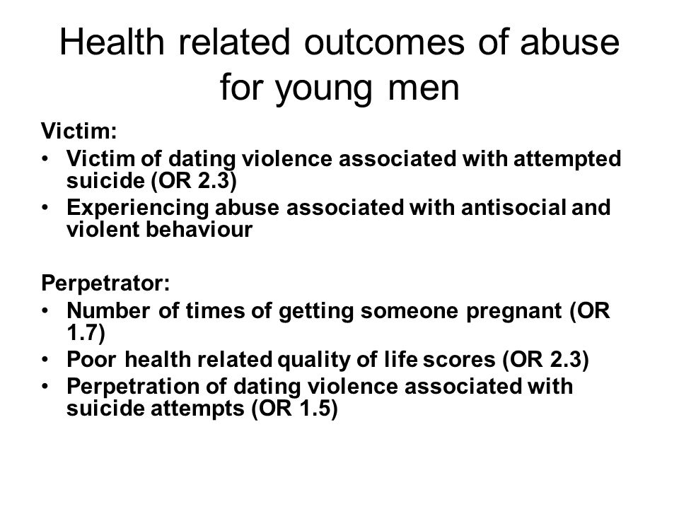 Health related outcomes of abuse for young men Victim: Victim of dating violence associated with attempted suicide (OR 2.3) Experiencing abuse associated with antisocial and violent behaviour Perpetrator: Number of times of getting someone pregnant (OR 1.7) Poor health related quality of life scores (OR 2.3) Perpetration of dating violence associated with suicide attempts (OR 1.5)
