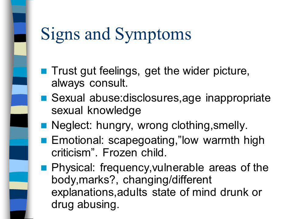 Signs and Symptoms Trust gut feelings, get the wider picture, always consult.