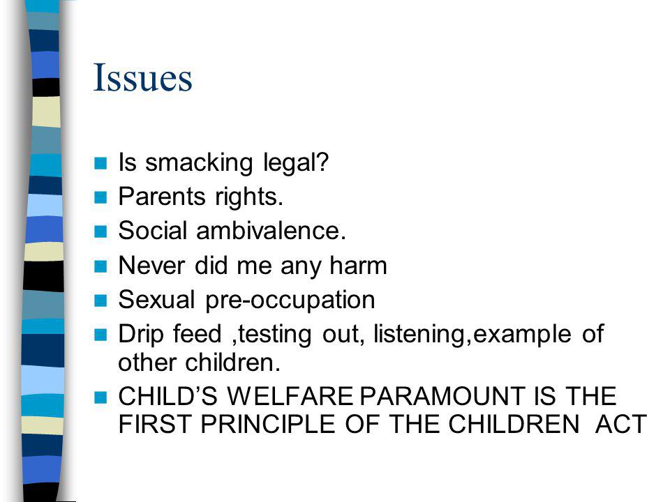 Issues Is smacking legal. Parents rights. Social ambivalence.