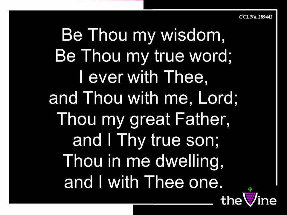 Be Thou my wisdom, Be Thou my true word; I ever with Thee, and Thou with me, Lord; Thou my great Father, and I Thy true son; Thou in me dwelling, and I with Thee one.
