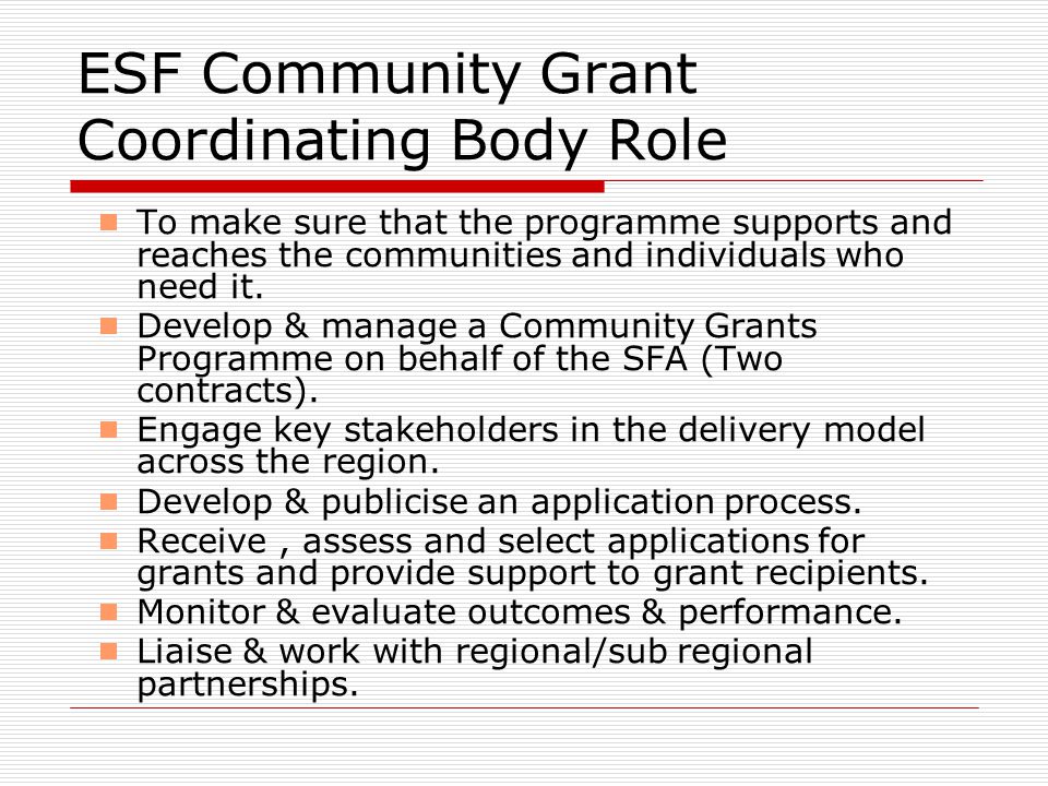 ESF Community Grant Coordinating Body Role  To make sure that the programme supports and reaches the communities and individuals who need it.