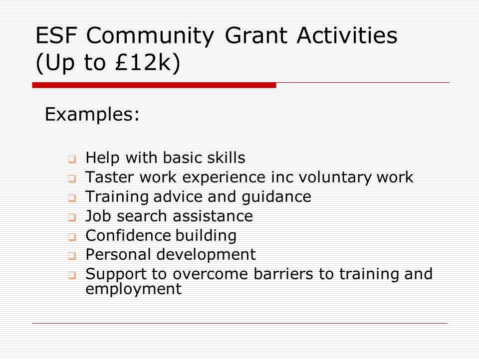 ESF Community Grant Activities (Up to £12k) Examples:  Help with basic skills  Taster work experience inc voluntary work  Training advice and guidance  Job search assistance  Confidence building  Personal development  Support to overcome barriers to training and employment